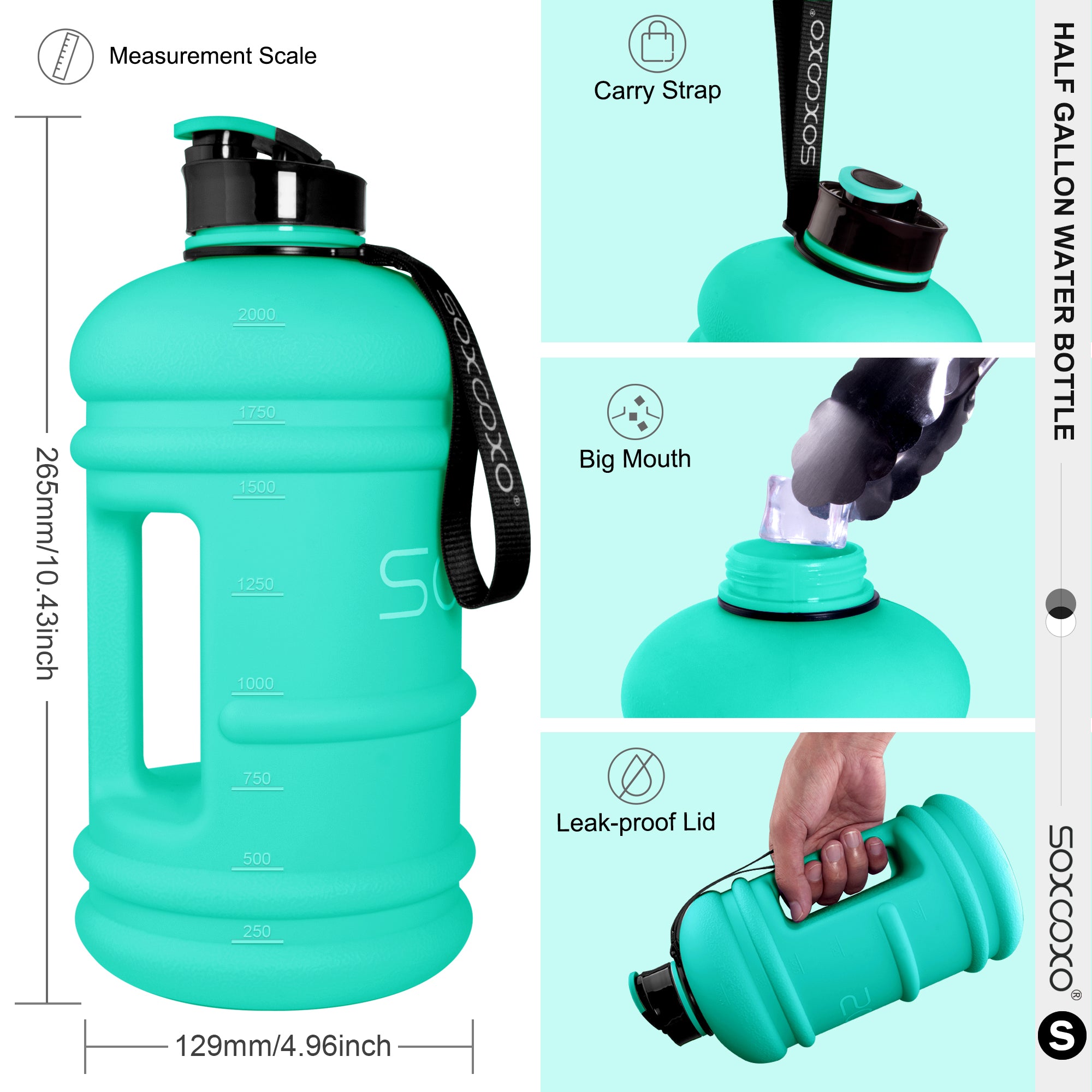 Half Gallon Water Bottle, 2.2l Large Capacity Sports Water Jug