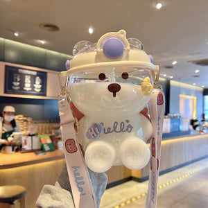 32OZ Bear Water Bottle For Girls Cute Cup With Straw Free Shipping Items Travel Mug Kawaii Kids Tumbler Sport 1 Liter Drink Kettle