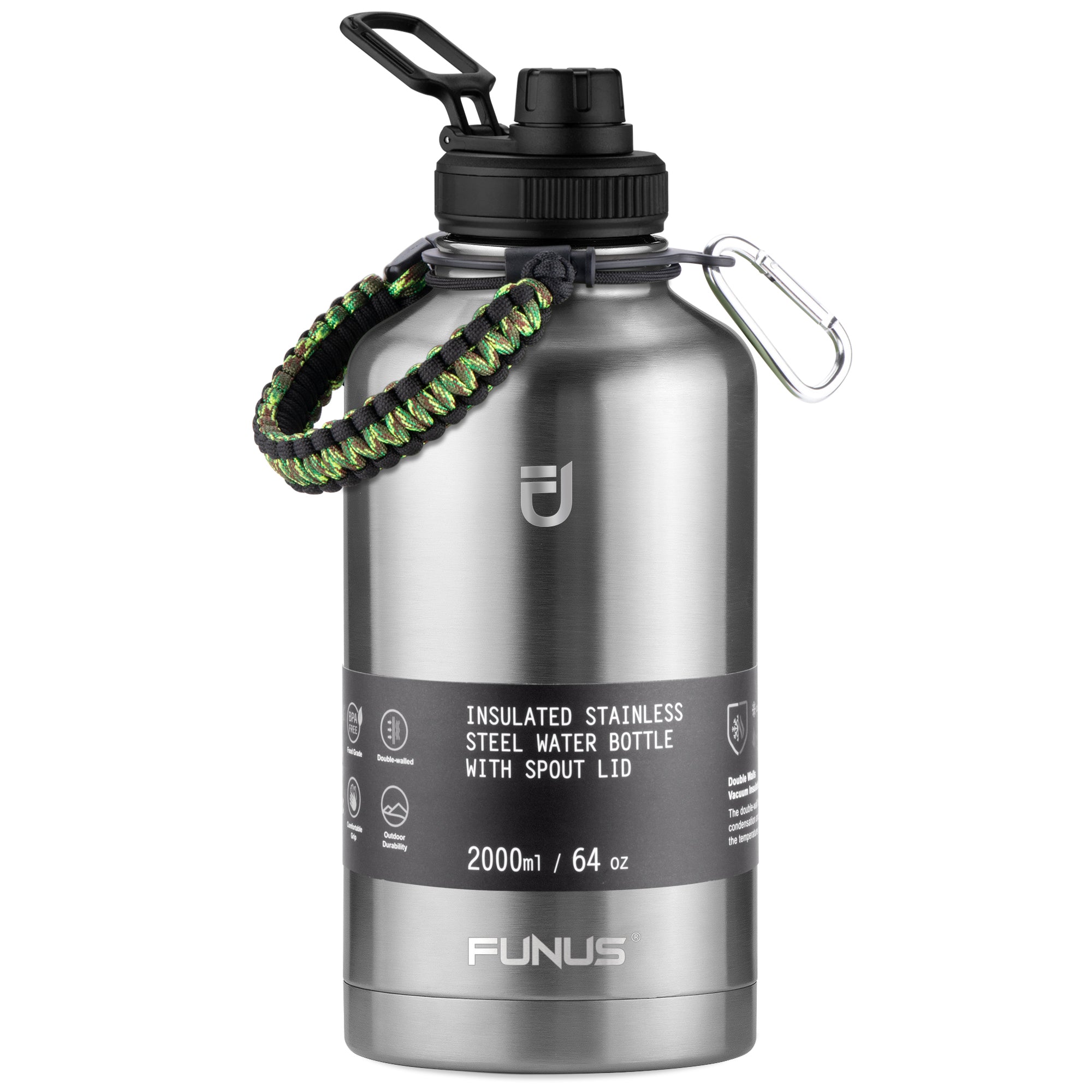 FUNUS 64oz Insulated Water Bottle (2 Lids) Vacuum Stainless Steel with Handle Flip Top Lid and Paracord BPA Free Metal Water Jug