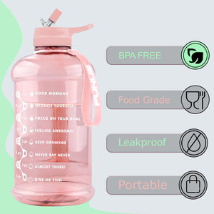 FUNUS Half Gallon Water Bottle Motivational with Time Marker, Big BPA Free Water Jug with Straw and Handle, Leak Proof for Men Women Sports Camping Transparent Pink