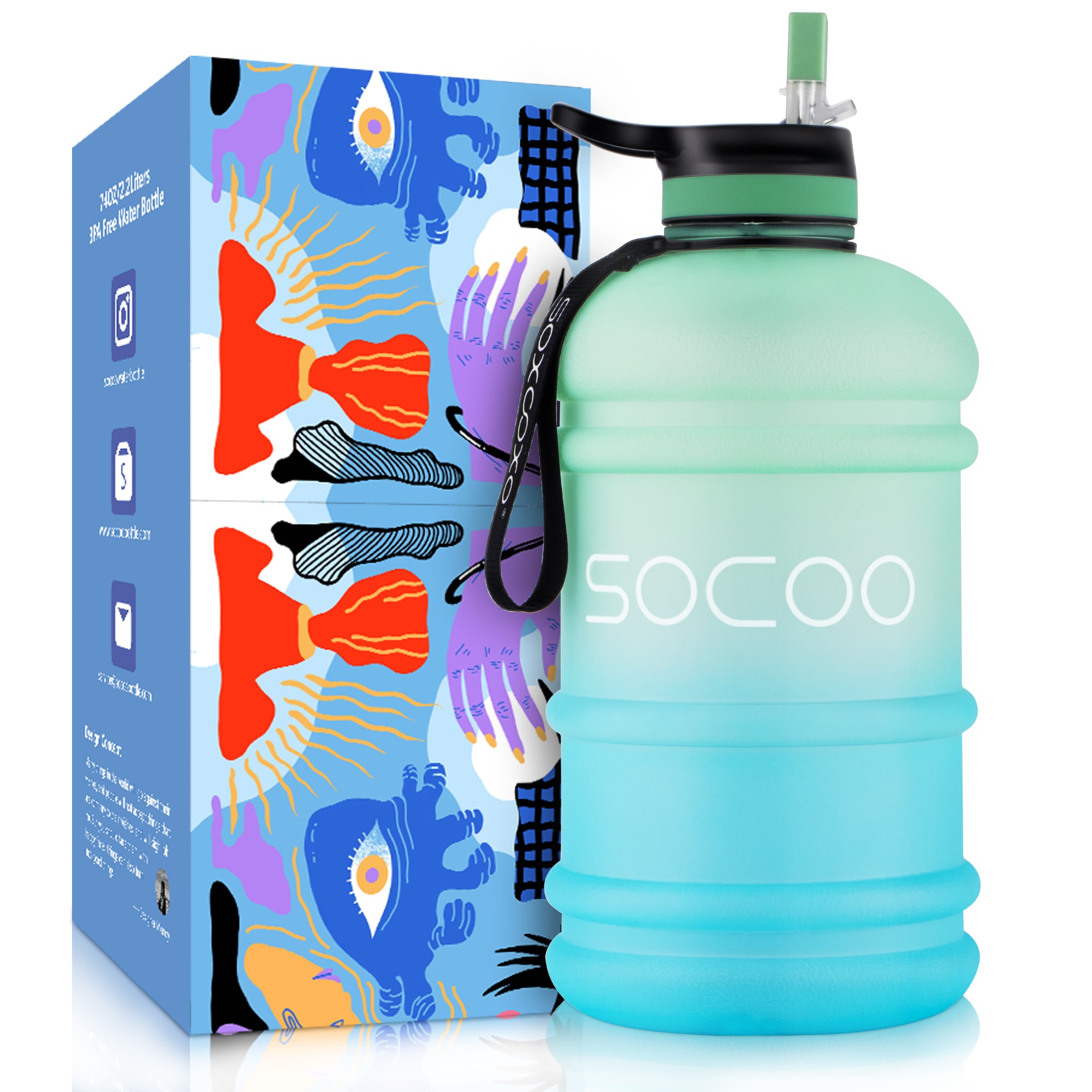 SOXCOXO 2.2L/74oz Half Gallon Water Bottle With Straw BPA Free