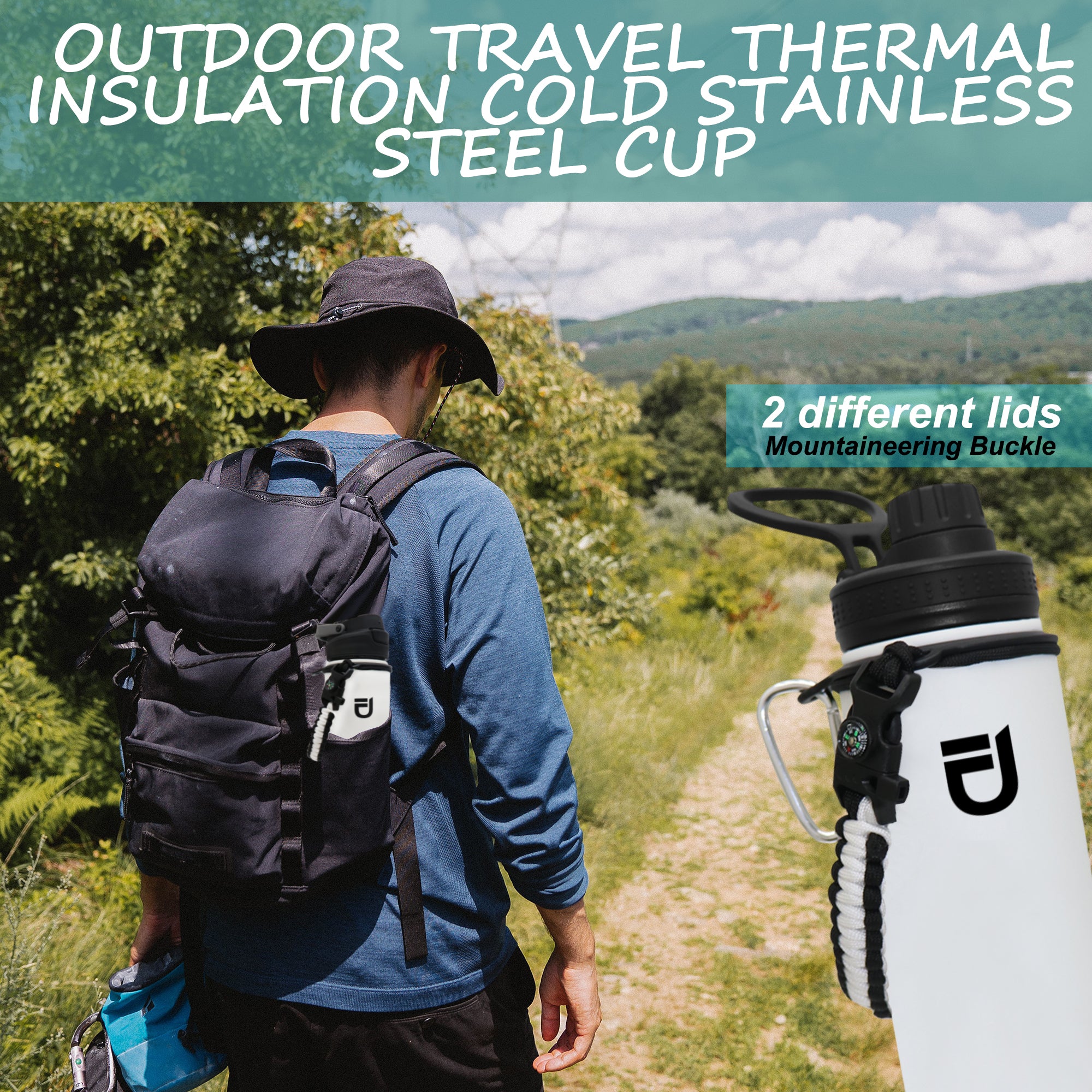 Water bottle. Hiking thermos. Travels. Stock Photo
