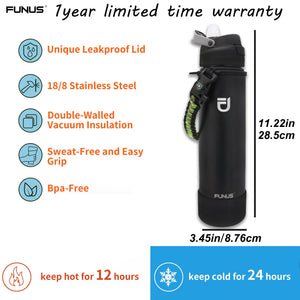 FUNUS 24OZ Thermos Vacuum Insulated Stainelss Steel Metal Water Bottle With Straw 2 Lids & Pracord Handle |Keep Cold for 24Hours,Hot for 12 Hours |BPA Free Leak-proof for Traveling,Gym,Sports,Outdoors…