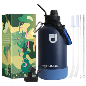 FUNUS 64OZ Vacuum Insulated Water Jug With Straw And Paracord（Nevy Blue）