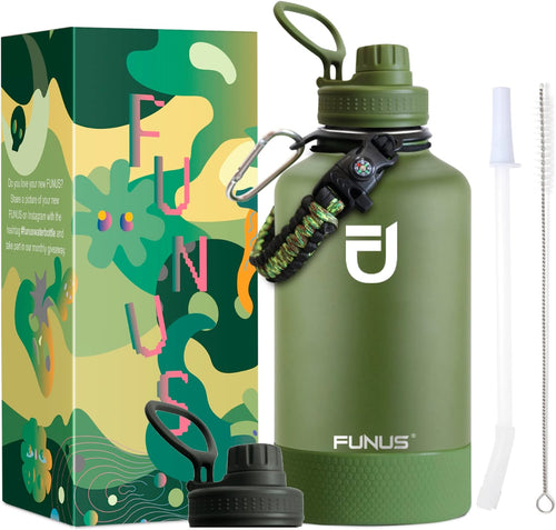 FUNUS Insulated Water Bottle, 64 oz Vacuum Stainless Steel Water Bottle with Rotating Handle Flip Top Lid and Paracord