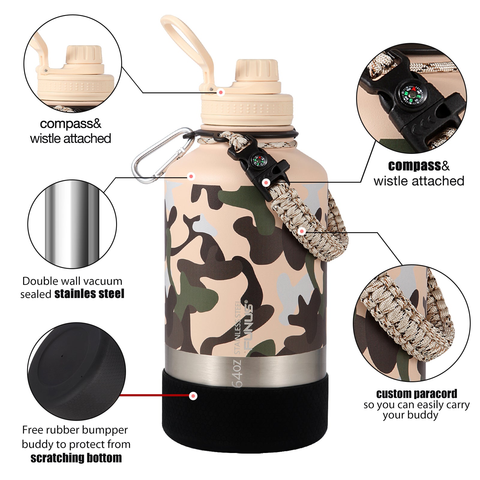 FUNUS 64oz INSULATED WATER BOTTLE WITH STRAW AND PARACORD(CAMO) – FUNUS WATER  BOTTLE