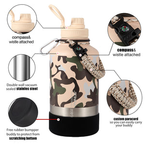 FUNUS 64oz INSULATED WATER BOTTLE WITH STRAW AND PARACORD CAMO