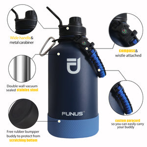 FUNUS 64OZ Vacuum Insulated Water Jug With Straw And Paracord（Nevy Blue）