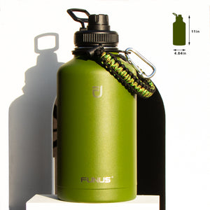 FUNUS Insulated Water Bottle, 64 oz Vacuum Stainless Steel Water Bottle with Rotating Handle Flip Top Lid and Paracord