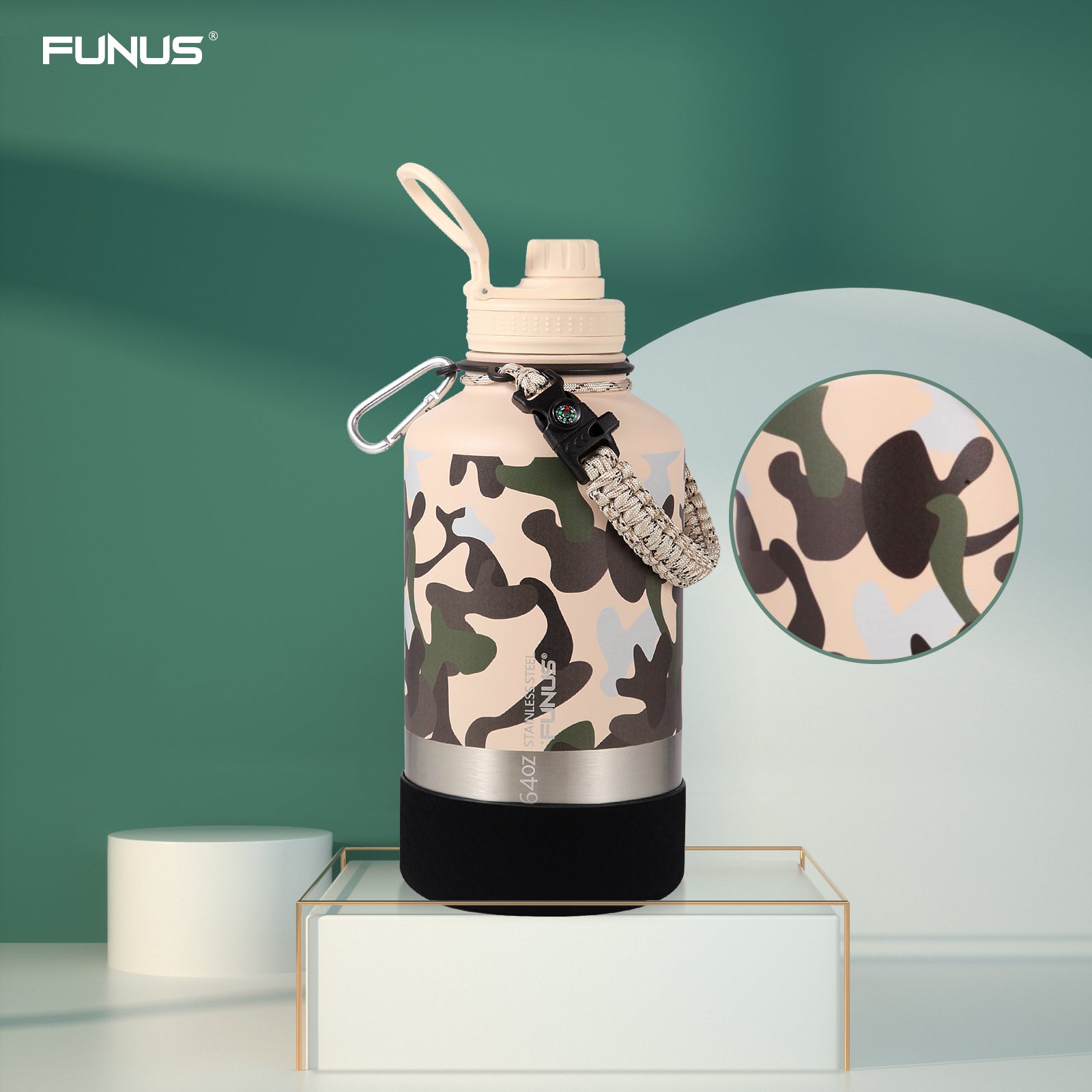 FUNUS 64oz Insulated Water Bottle (2 Lids) Vacuum Stainless Steel with Handle Flip Top Lid and Paracord BPA Free Metal Water Jug