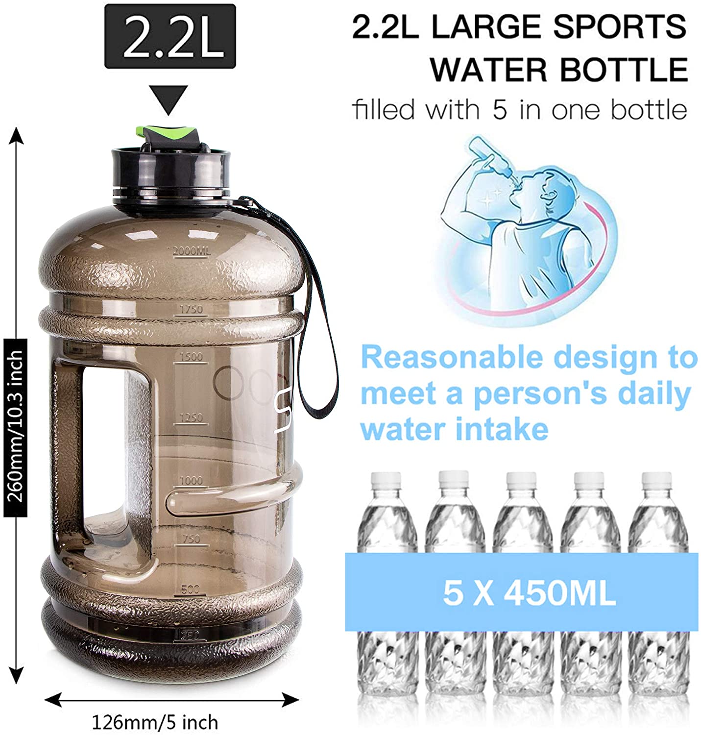 Half Gallon Water Bottle, 2.2l Large Capacity Sports Water Jug