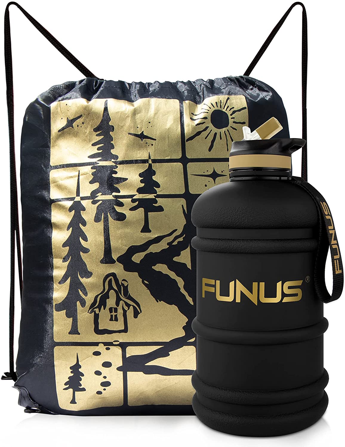 FUNUS Half Gallon Water Bottle Leakproof Big Water Jug with Storage Sleeve and Handle, Reusable Wide Mouth BPA Free Water Bottle for Men Women Sports/Fitness/Gym/Hiking/Outdoor Black Plus