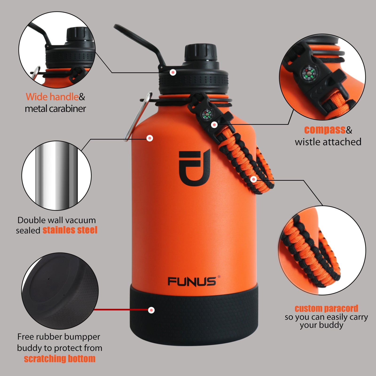 FUNUS 64oz Insulated Water Bottle With Carrier Bag & Paracord