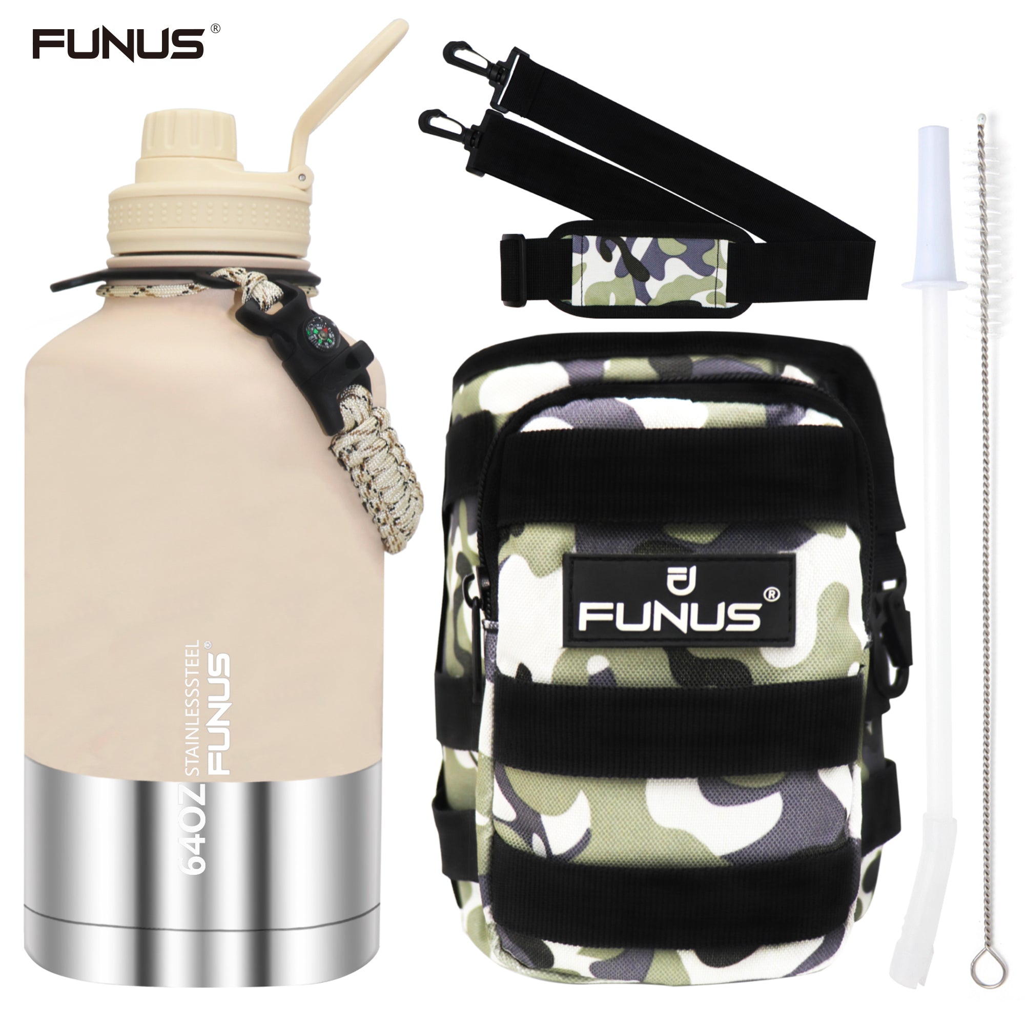 FUNUS Insulated Water Bottle, 64 oz Vacuum Stainless Steel Water Bottle  with Rotating Handle Flip Top Lid and Paracord