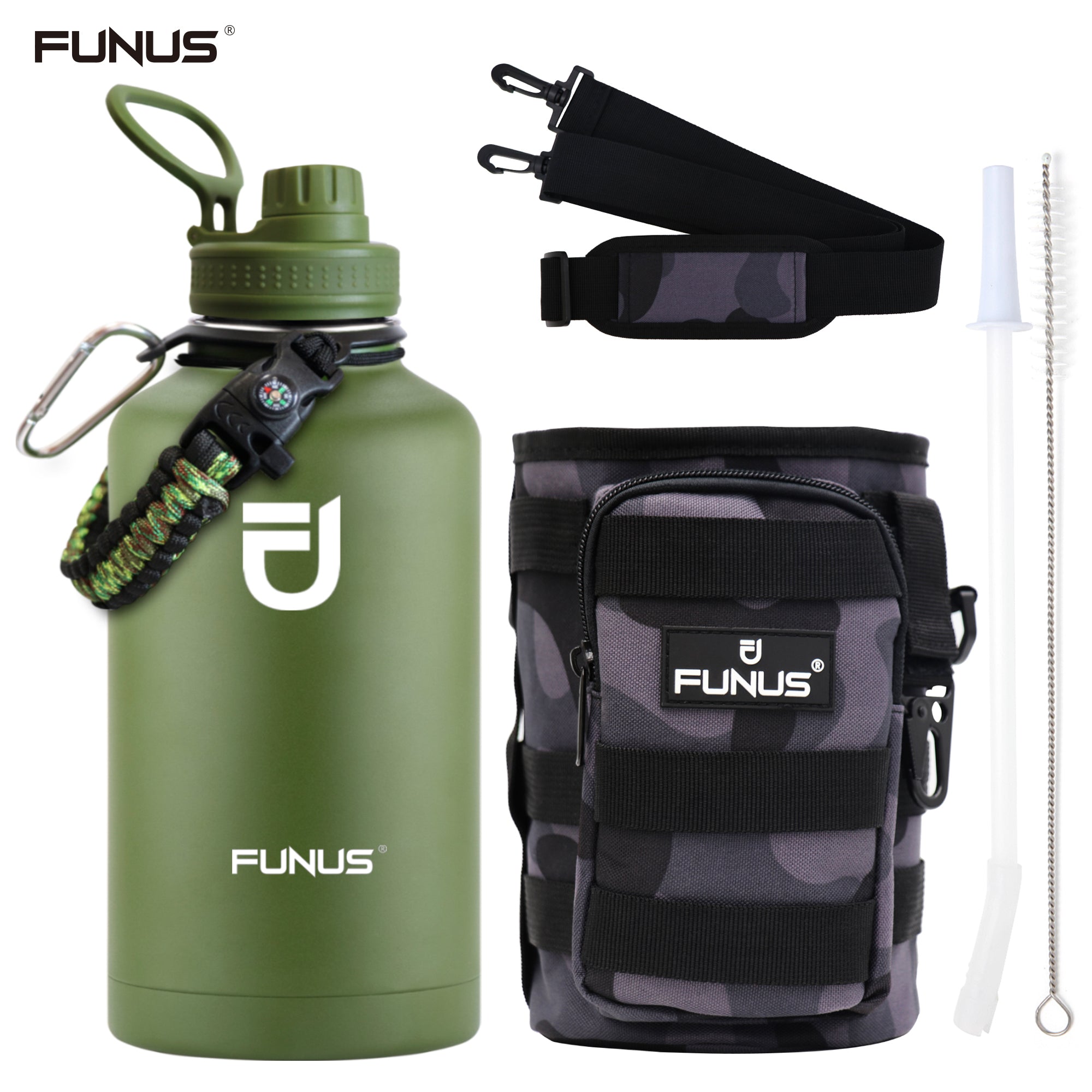 FUNUS Insulated Water Bottle, 64 oz Vacuum Stainless Steel Water Bottle  with Rotating Handle Flip Top Lid and Paracord