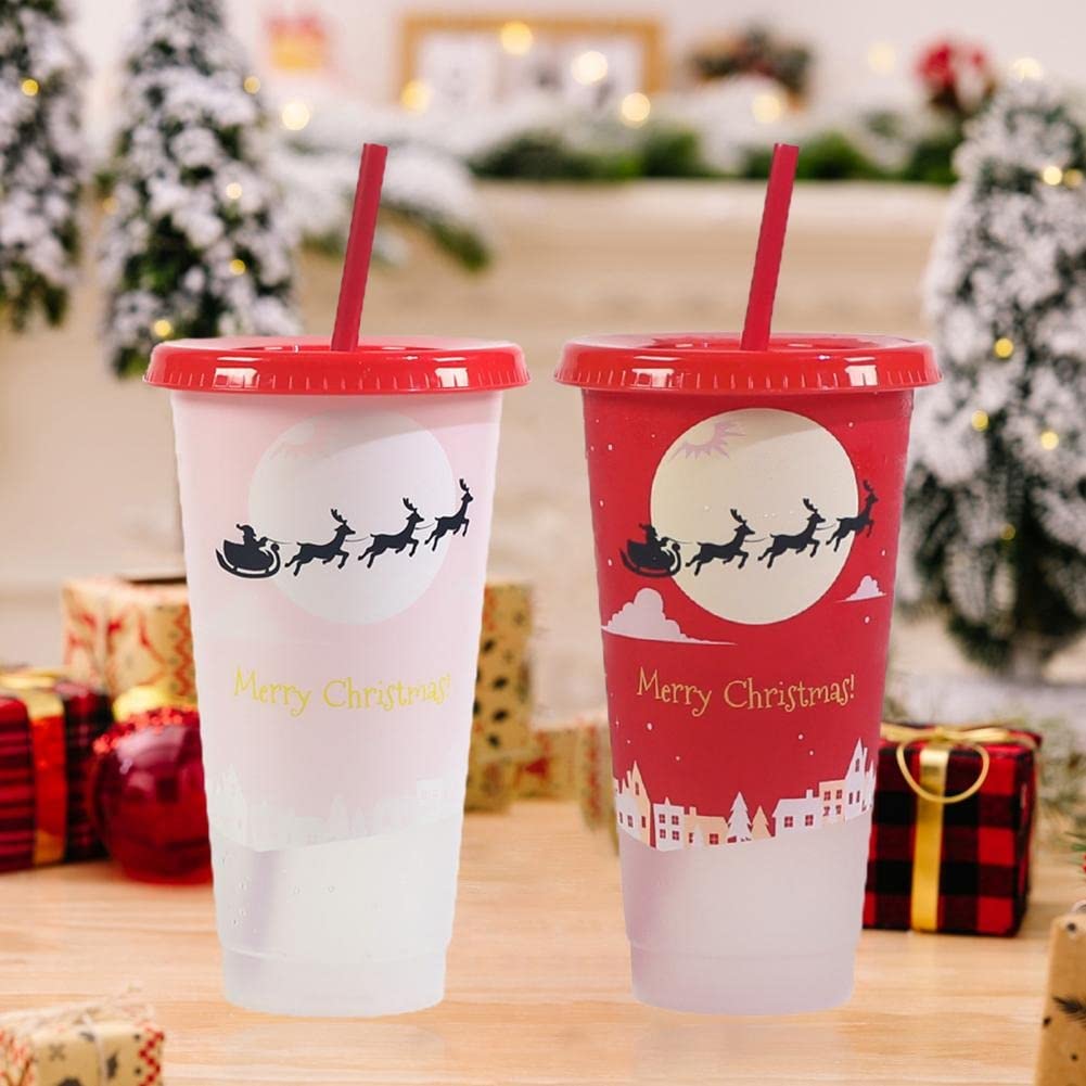 Sister Novelties Set of 2 Reusable Coffee Cups with Lids, Light Up Christmas Tumbler, Plastic Cups with Lids and Straws, Tumbler Cups with Lids