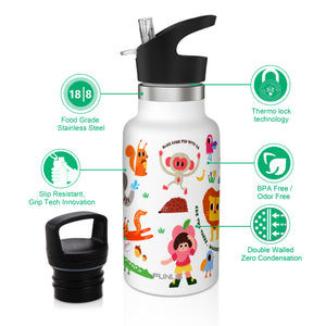FUNUS Stainless Steel Kids Insulated Water Bottle With Straw Durable Metal Material For School Sports BPA-free Spill Proof Two Lids Replacement 14oz Designs For Bike Holder Gift Set white